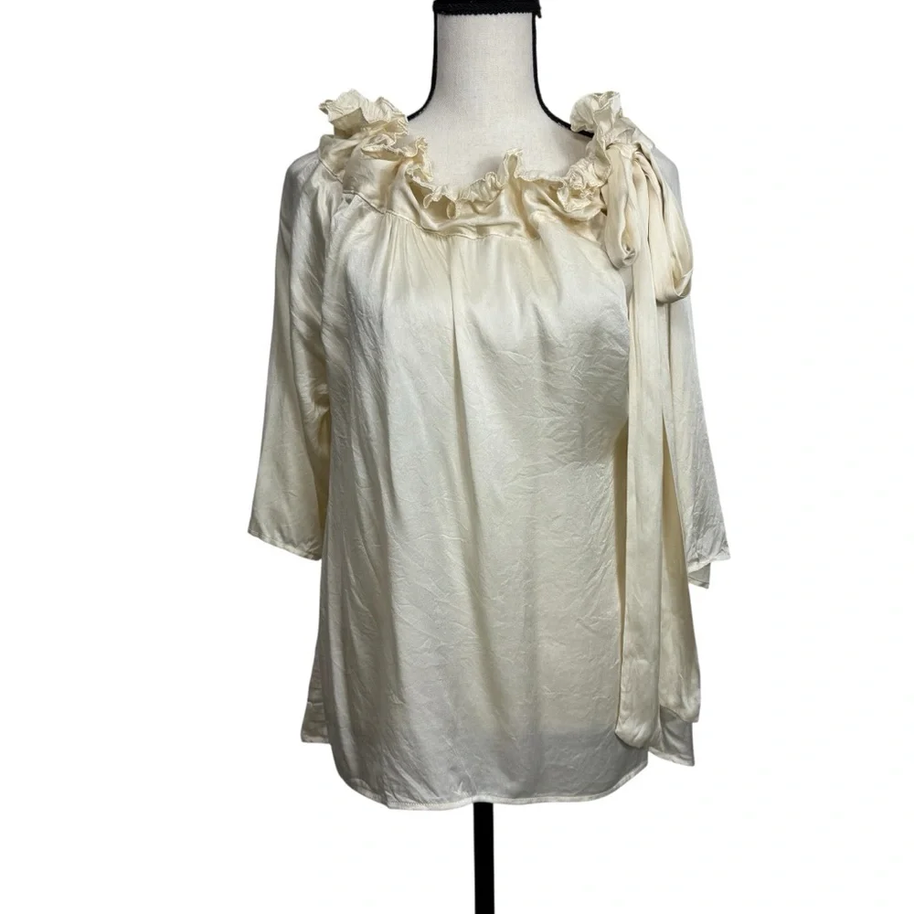 Never a Wallflower Saint & Sinner Cream Ruffled Tie Neck Silk Blouse